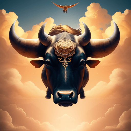 AI generated: A bull flying over golden clouds, symmetric artwork, photography, DSLR camera, cinematic lighting, t...