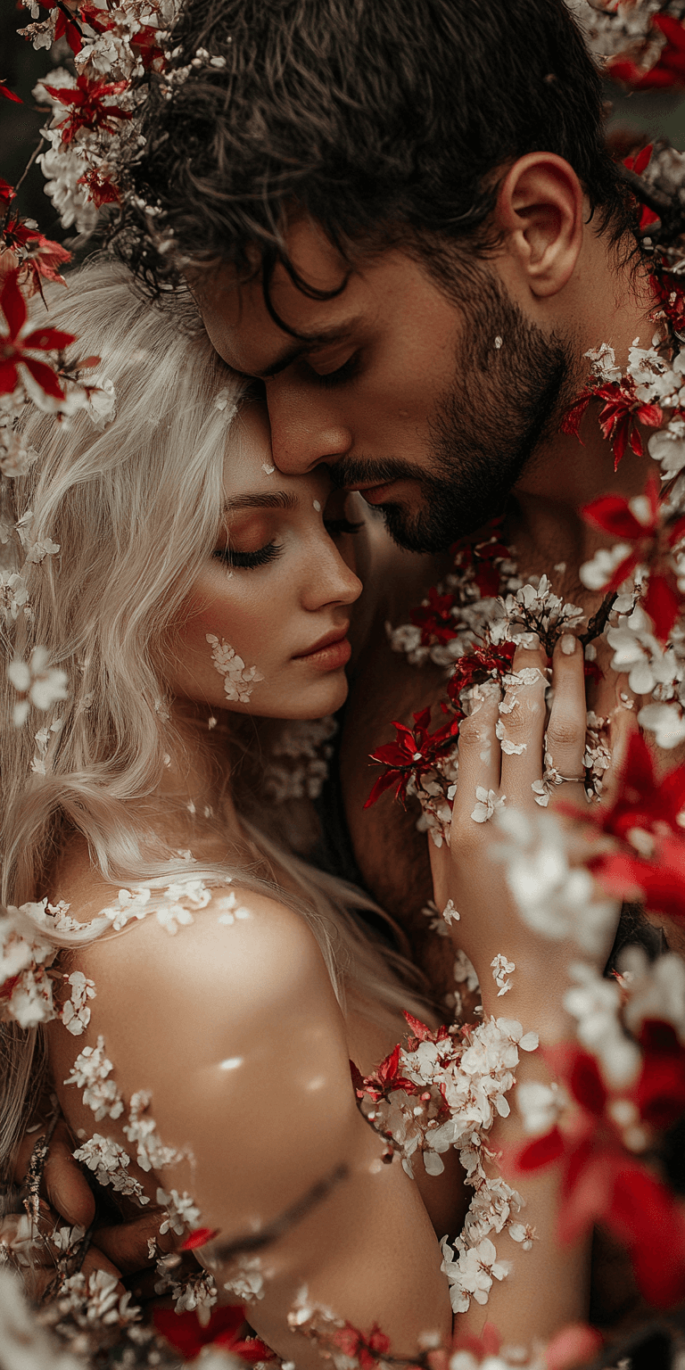 AI generated: A couple surrounded by cherry blossoms, their faces and bodies covered in red and white flowers, cre...