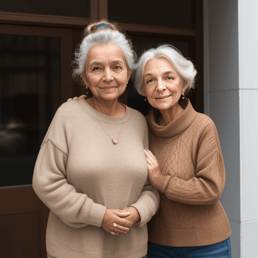 AI generated: The image features a beautiful old woman, a tan sweater, standing in front of a building, hair pulle...