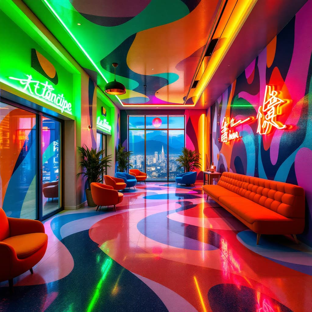 AI generated: Vibrant Retro Hotel Lobby in Tocancip Colombia Bold Neon Signs Abstract Patterns Modern City Views. ...