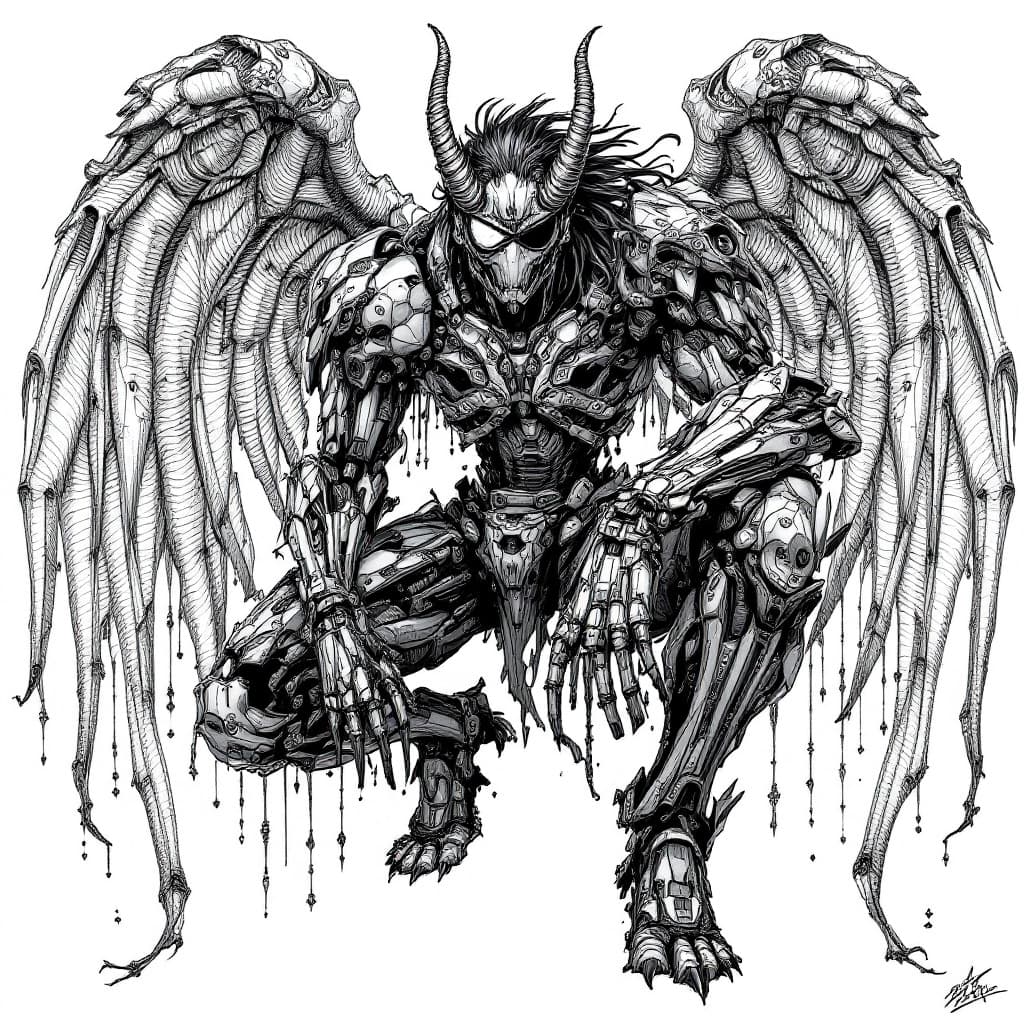 AI generated: Monochrome Zentangle (magazine cover), mechanical angel, mech, highly detailed, metal gear solid art...
