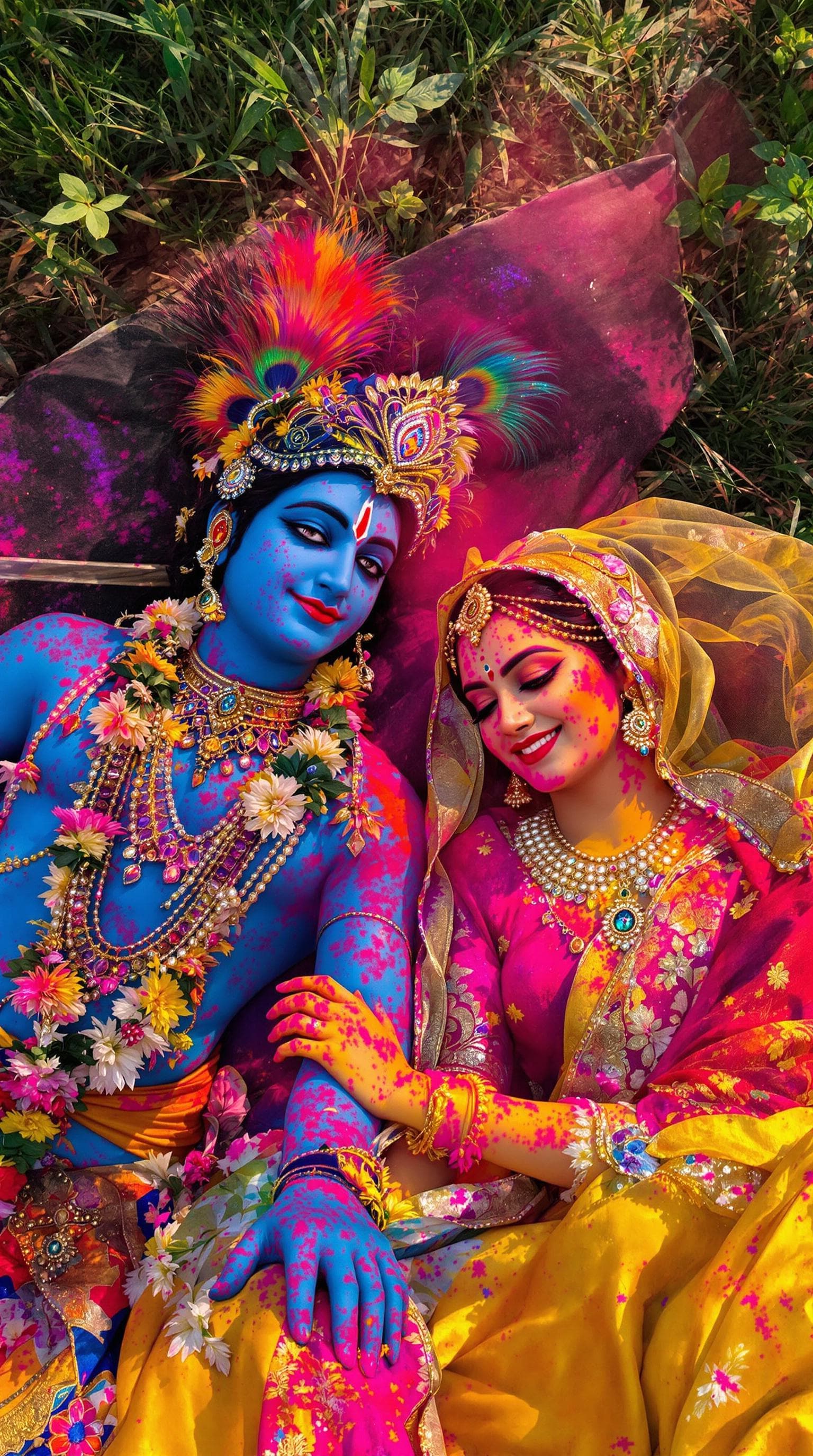 AI generated: n ultra-realistic 8k scene of Lord Krishna (blue-toned skin, peacock feather crown ) and Radha (gold...