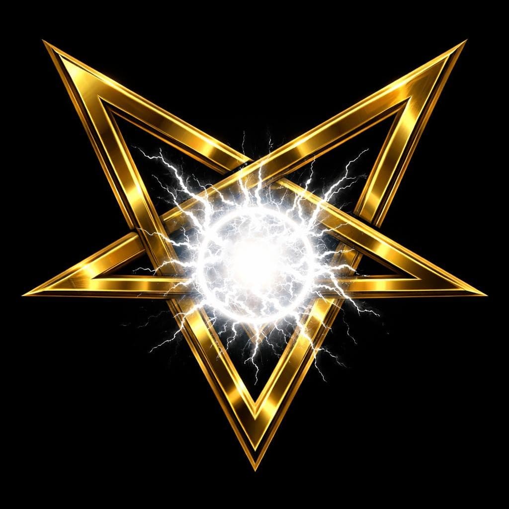 AI generated: Create a gold upside down pentagram with a ball of white energy in the center with a black backgroun...