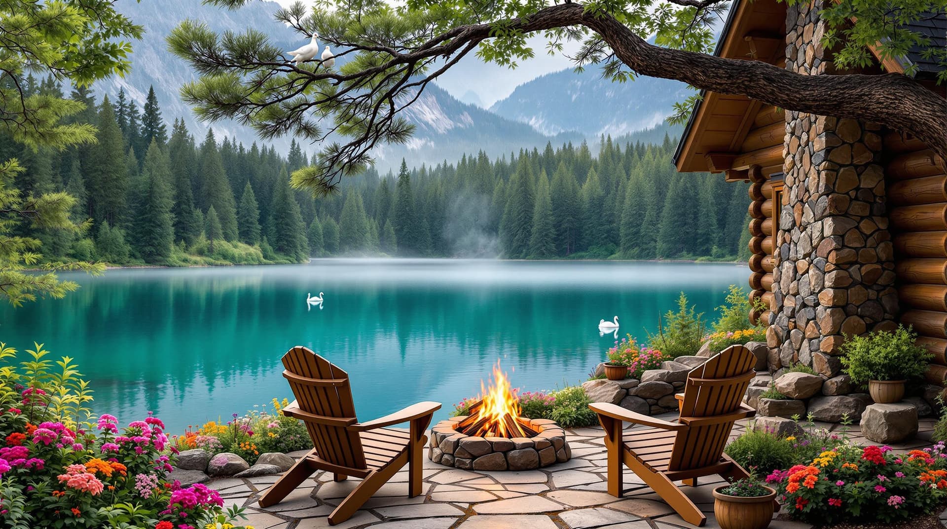 AI generated: A cozy log cabin with a stone chimney nestled in a serene forest by a crystal-clear turquoise lake, ...