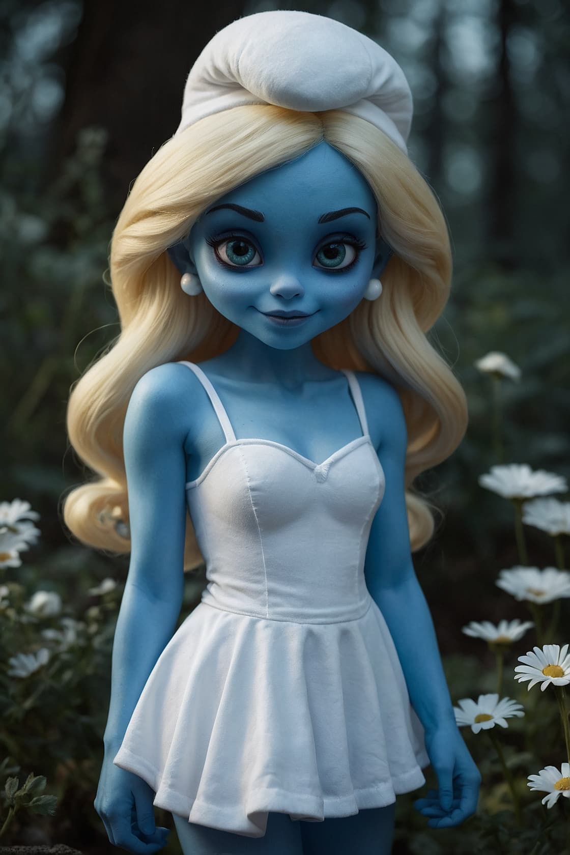 AI generated: smur-fette from the smurfs, beautiful charismatic woman, piercings, athletic, a woman with a white d...