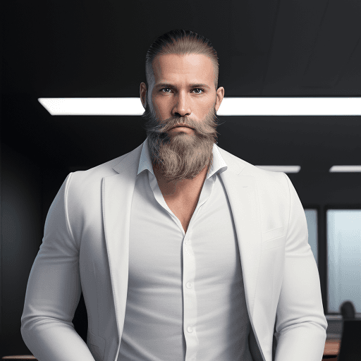 AI generated: The portrait of a fit man (43 years old) is a shaten, with short hair and a neat beard, dressed in a...