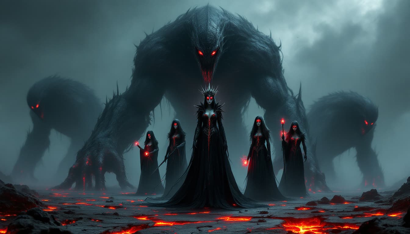 AI generated: Giant shadowy monsters with glowing red eyes and grotesque forms emerging from the ground. The Gothi...
