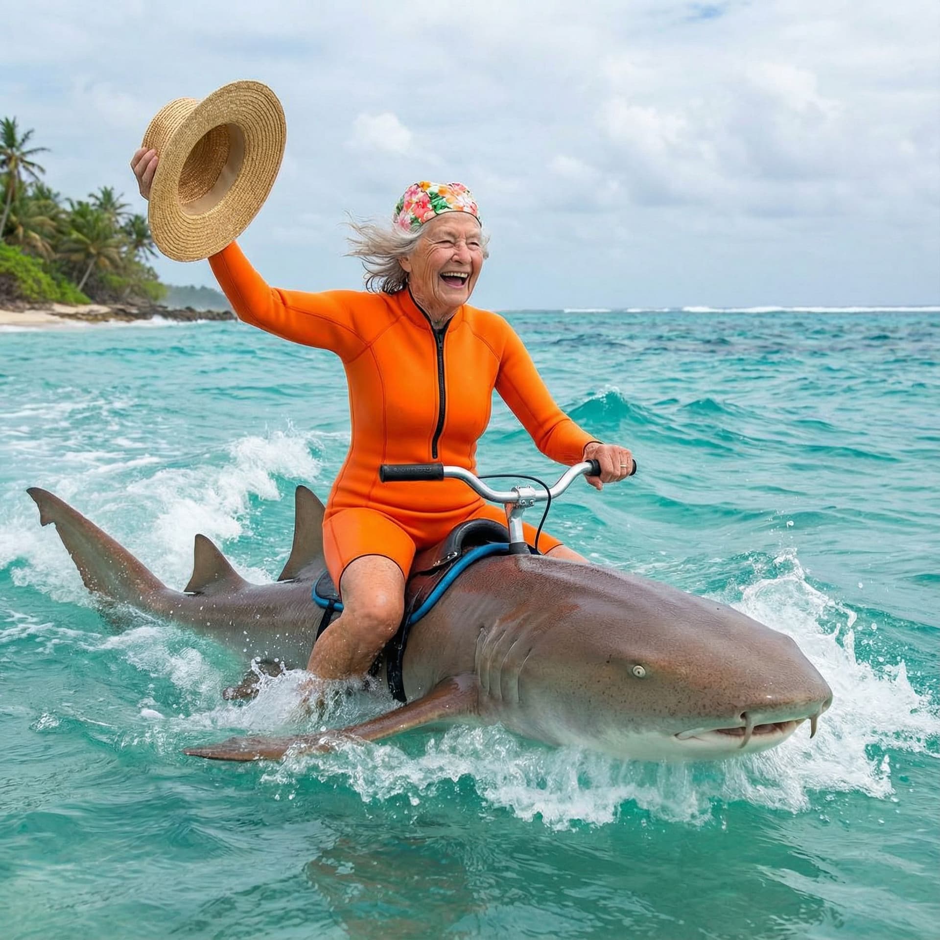 AI generated: A cheerful and energetic old lady riding a shark
