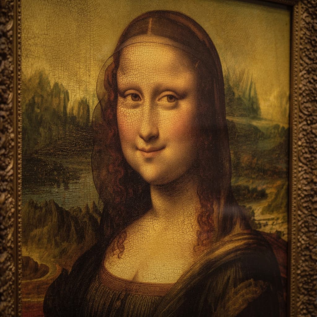 AI generated: 
“close-up Mona Lisa painting, museum lighting, ultra realistic texture, cinematic focus, 16:9”