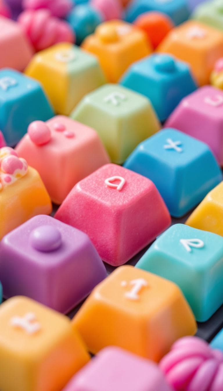 AI generated: The keys of the keyboard are made of three-dimensional candies of different shapes and colors.