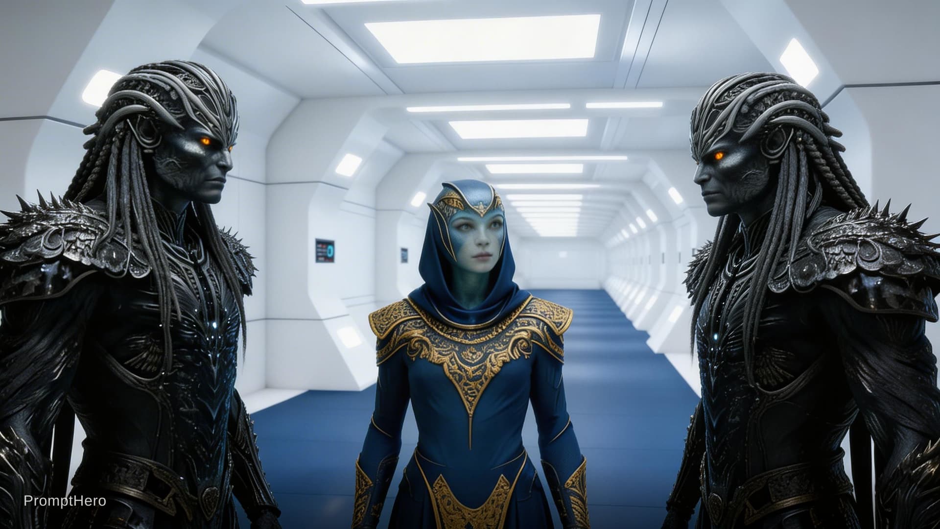 AI generated: Sci-Fi Scene. Show two male characters in reference image one, and the female character in reference...