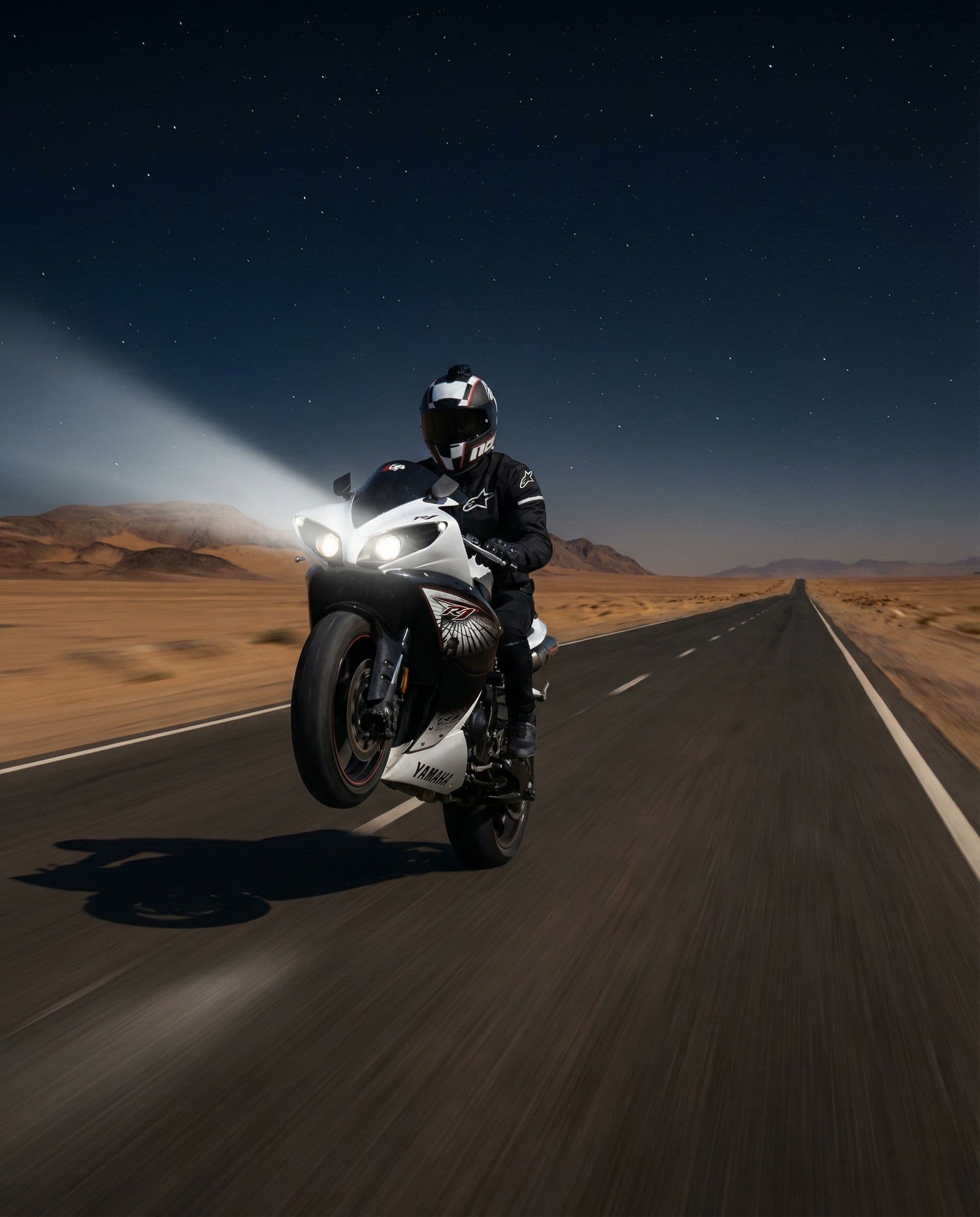 AI generated: Wheelie on desert highway 