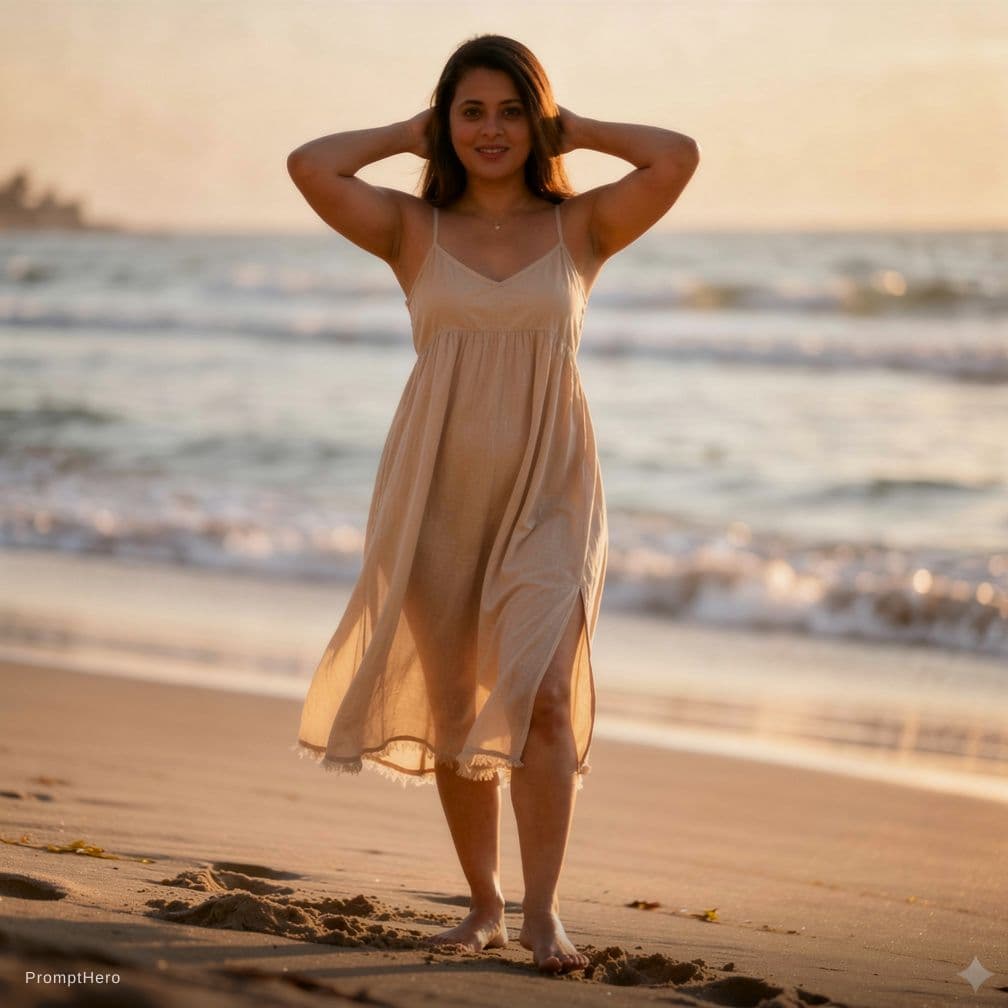 AI generated: Create a cinematic beach portrait of a woman wearing a beige bikini, cinematic lighting".
