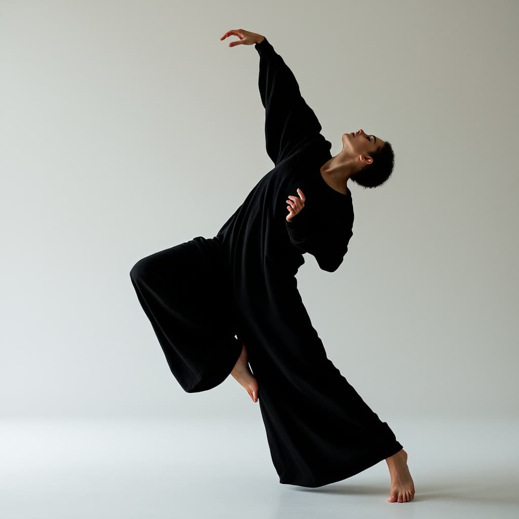 AI generated: Generate an artistic image of a person dressed in loose, flowing black clothing, performing a dynami...