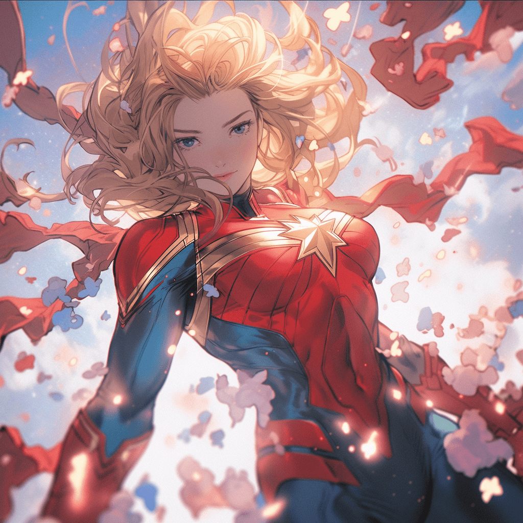 AI generated: captain marvel floating in the sky, floating, Hyper-realistic pop, comiccore, cinematic, --niji