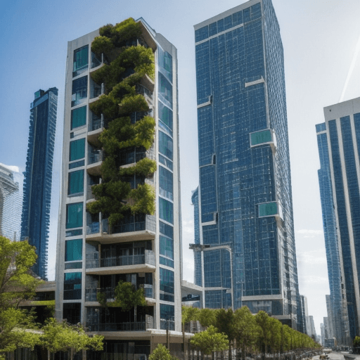 AI generated: The future city combines technology and nature. The exterior walls of high-rise buildings are covere...