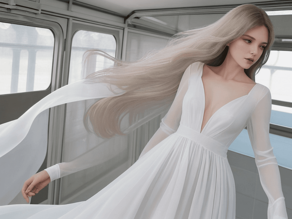 AI generated: The woman is wearing a long, flowing white dress with a V-neckline and long sleeves. The dress is ma...