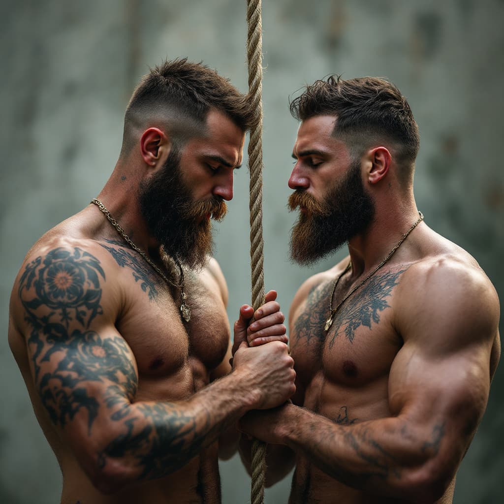 AI generated: Homosexual men tied to a rope.