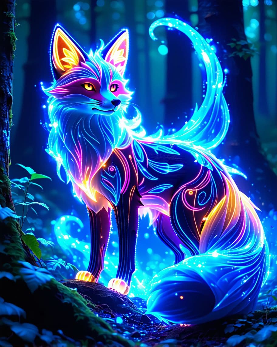 AI generated: "A majestic neon spirit fox with glowing blue and pink fur, surrounded by swirling mystical energy, ...