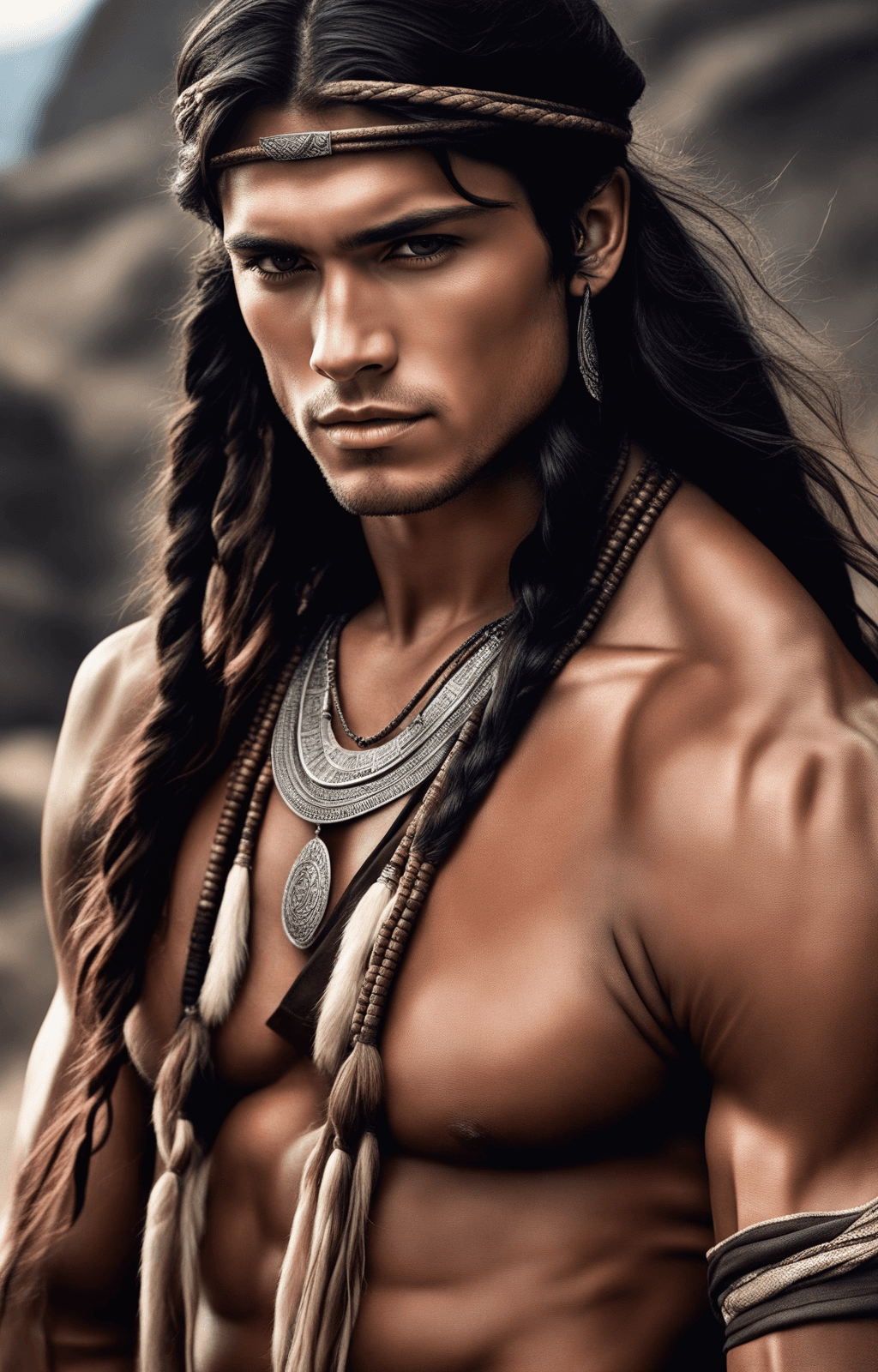 AI generated: fotografía hiper realista, muscular man, inca race, face andean, long hair with many braids, inca em...