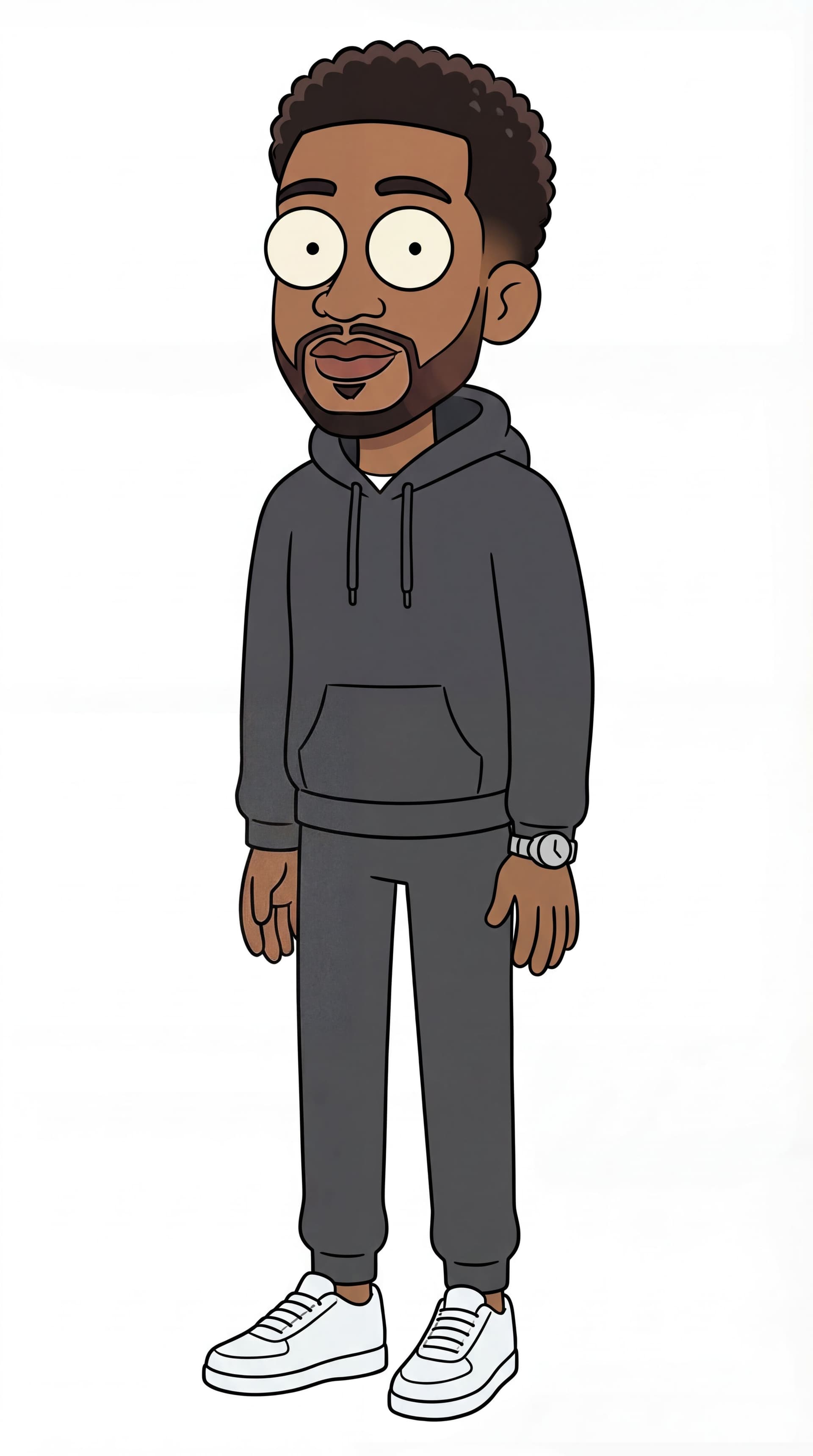 AI generated: put him in dark grey hoodie and sweatpants same color with white sneakers and silver watch.