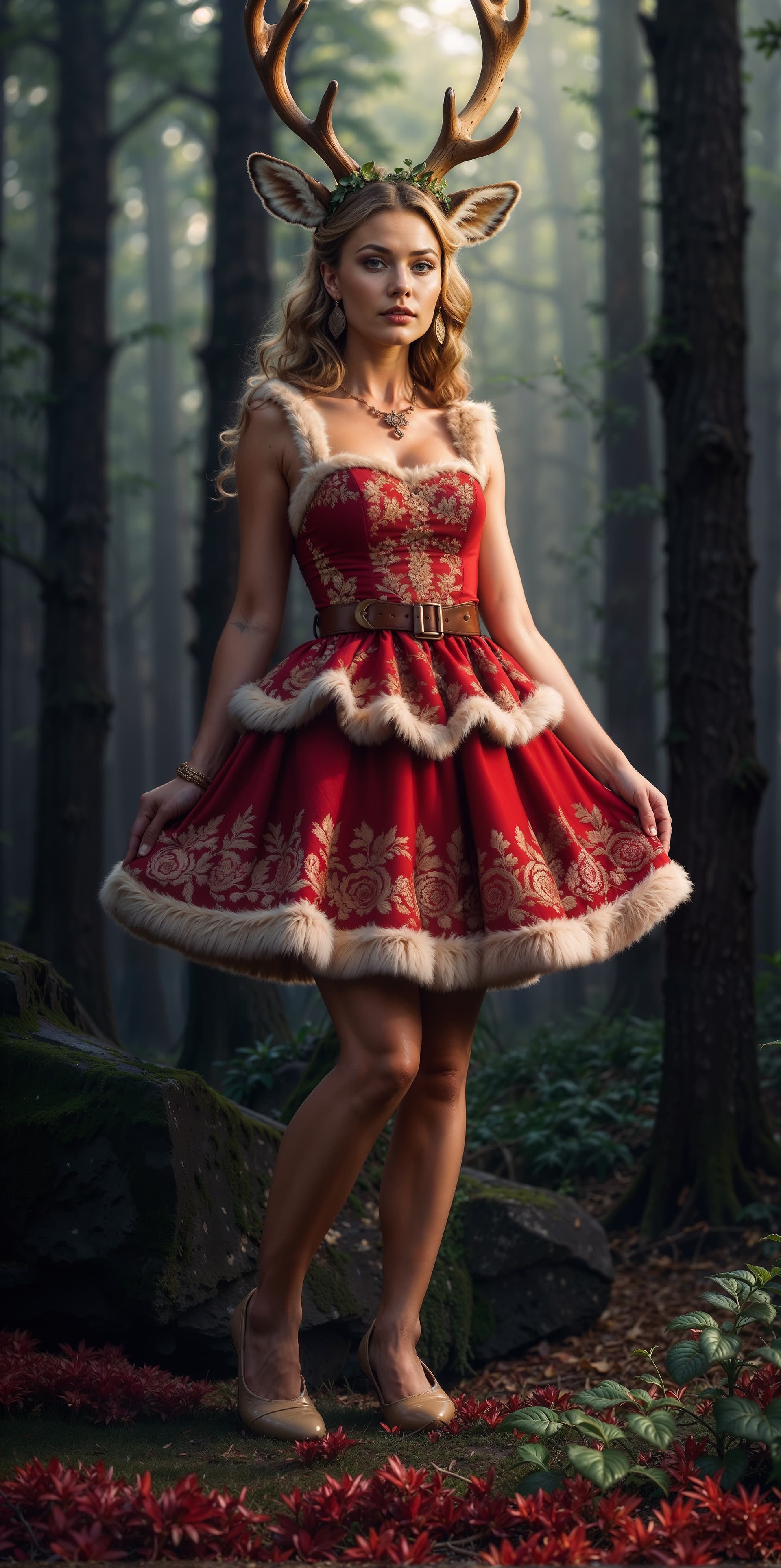 AI generated: fur dressed, (((only fur 5.6))) deer, 1 woman, reindeer anthro female, human head, smiling, berries,...