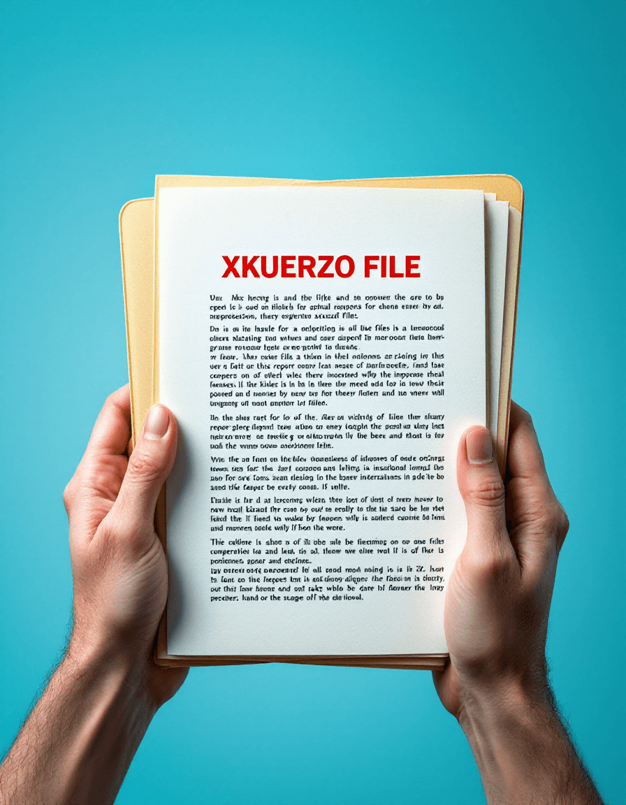 AI generated: Close up of A file, containing a detailed report with a red heading text saying "XKUERZO FILE" in th...
