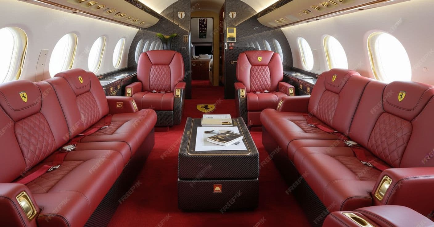 AI generated: red interior of a luxurios private jet with red leather interior with a ferari theme withput any wat...