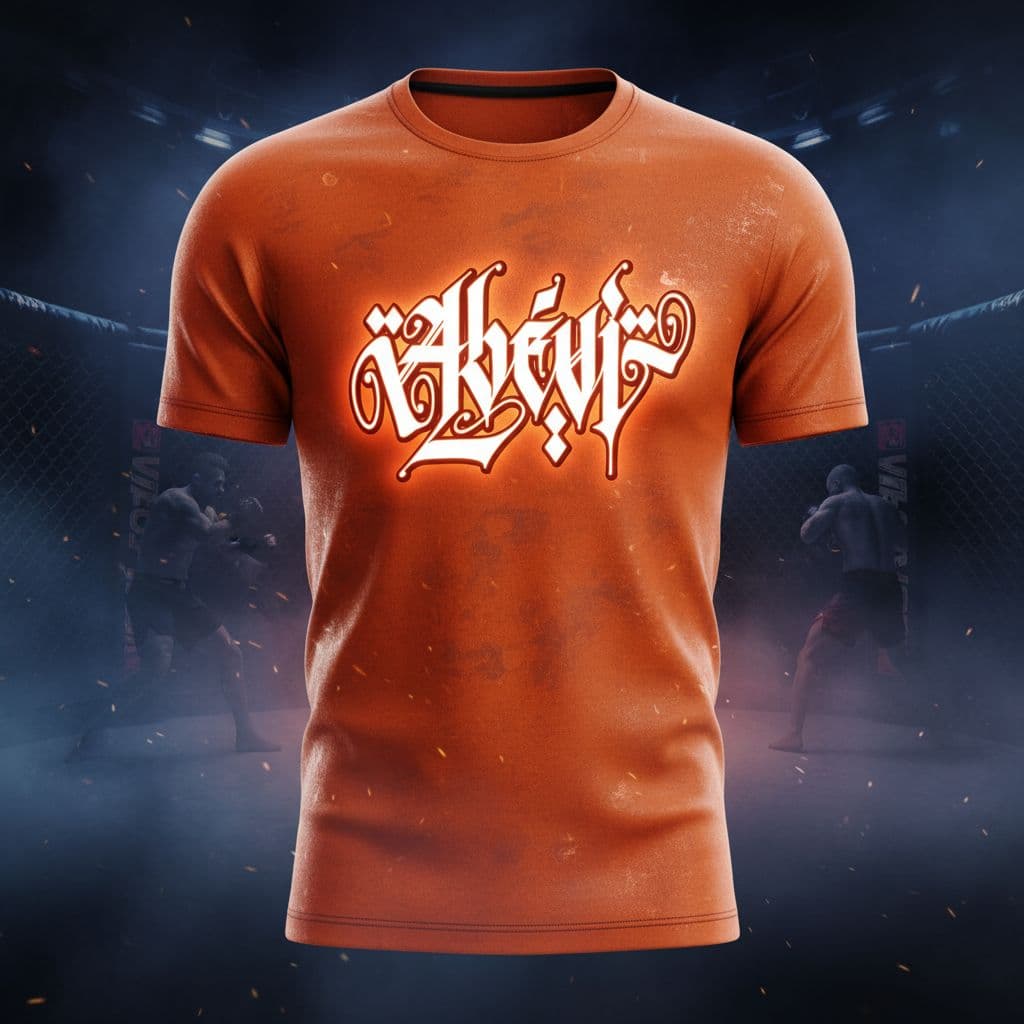 AI generated: PUT THIS LOGO ON A 3D HIGH QUALITY GLOWING ORANGE SHIRT RENDERING, FRONTAL VIEW, MYSTIC, DARK, SMOKY...