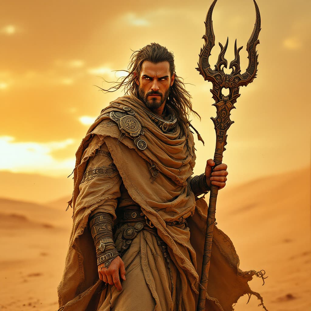 AI generated: hyper reslistic A Dune-style warrior monk standing in a windswept, futuristic desert outpost under a...