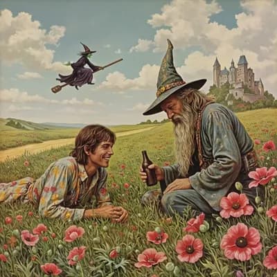 AI generated video: the witch is flying around as the wizard and the hippie laugh.