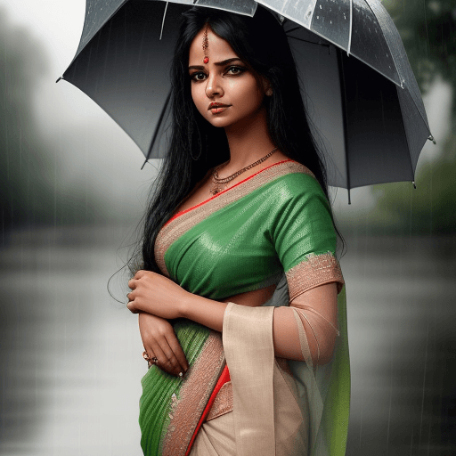 AI generated: a woman wearing saree without blouse and langa she in rainy look like very romantic 