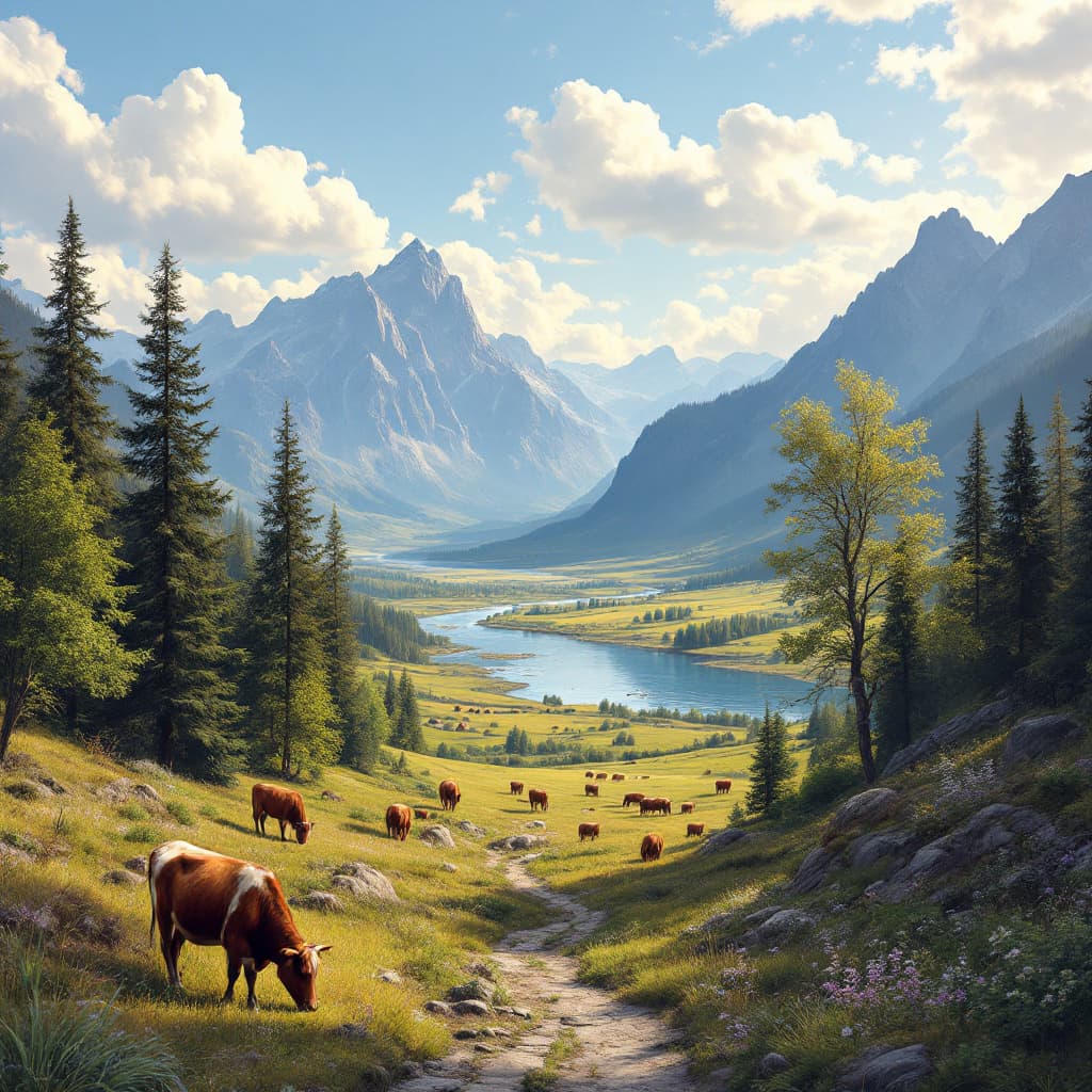 AI generated: A beautiful countryside witha view of a river and mountains,evergreen with cattle grazing.
