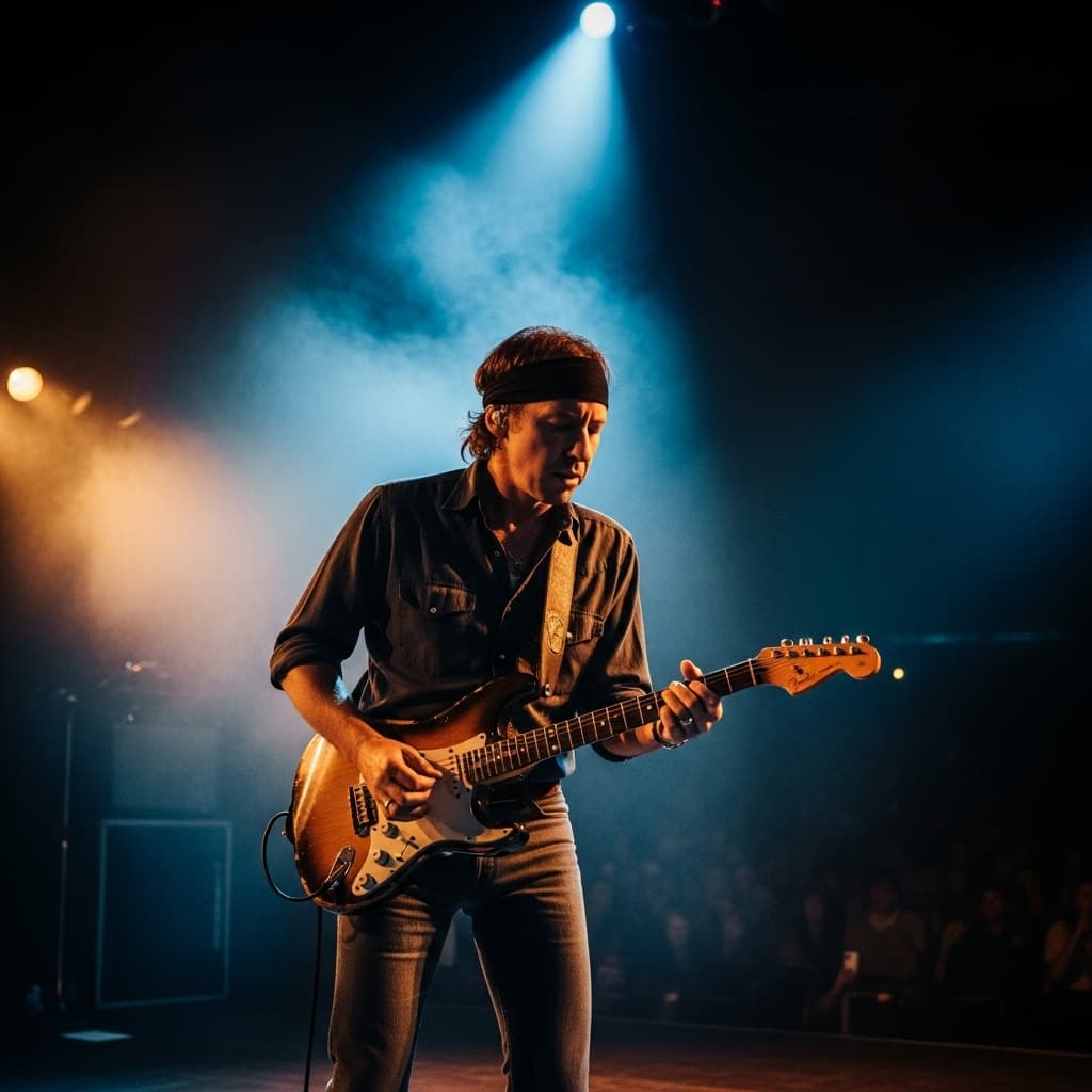 AI generated: Mark Knopfler performing live on stage in the 1980s, wearing a headband, playing electric guitar in ...