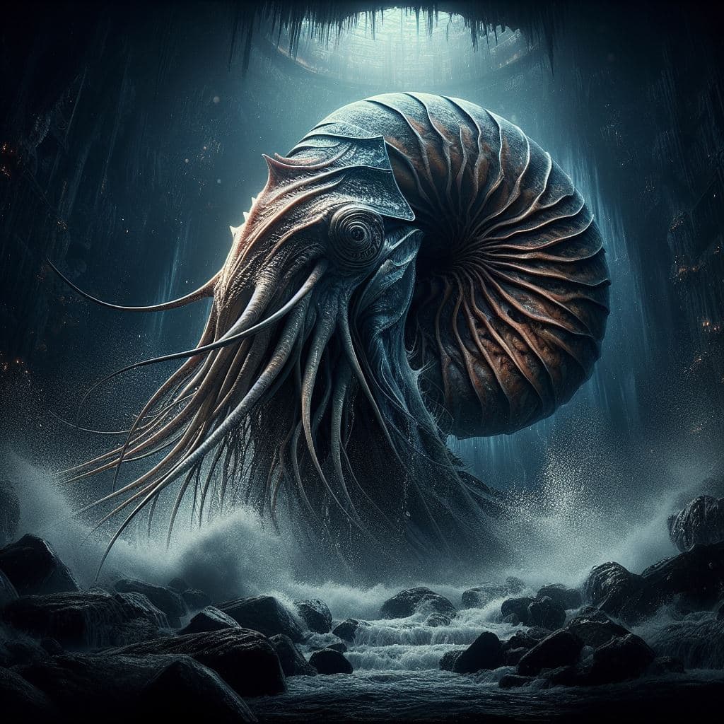 AI generated: Capture the dark and ominous power of Abyssal Nautilus in a hyper-realistic photograph set amidst a ...