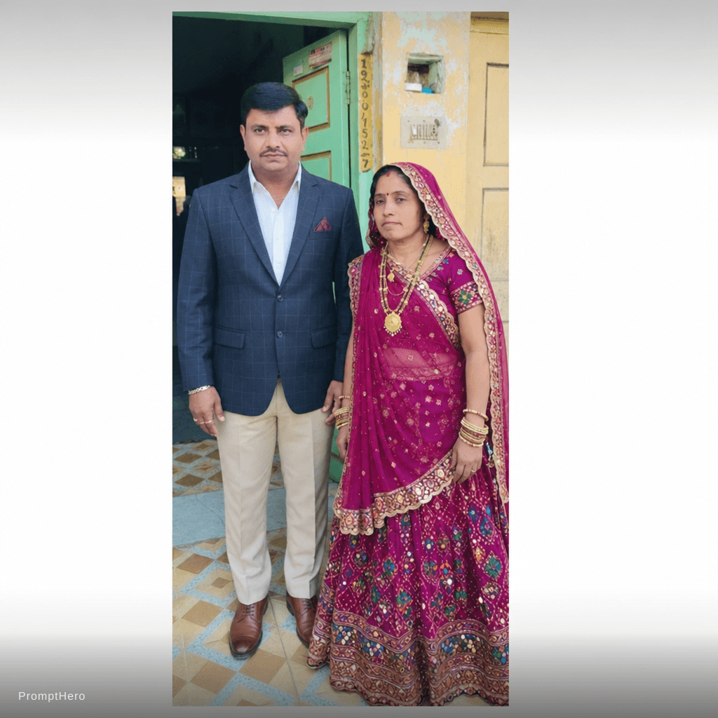 AI generated: Change out fit of man in blazer and woman in Rajasthani dress up without changing faces 