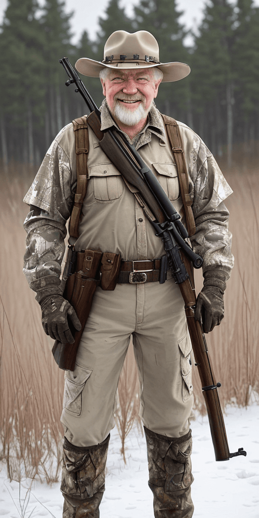 AI generated: Really hunters with rifle in the hand, aiming the rifle, old man with white barb, have a machet hold...