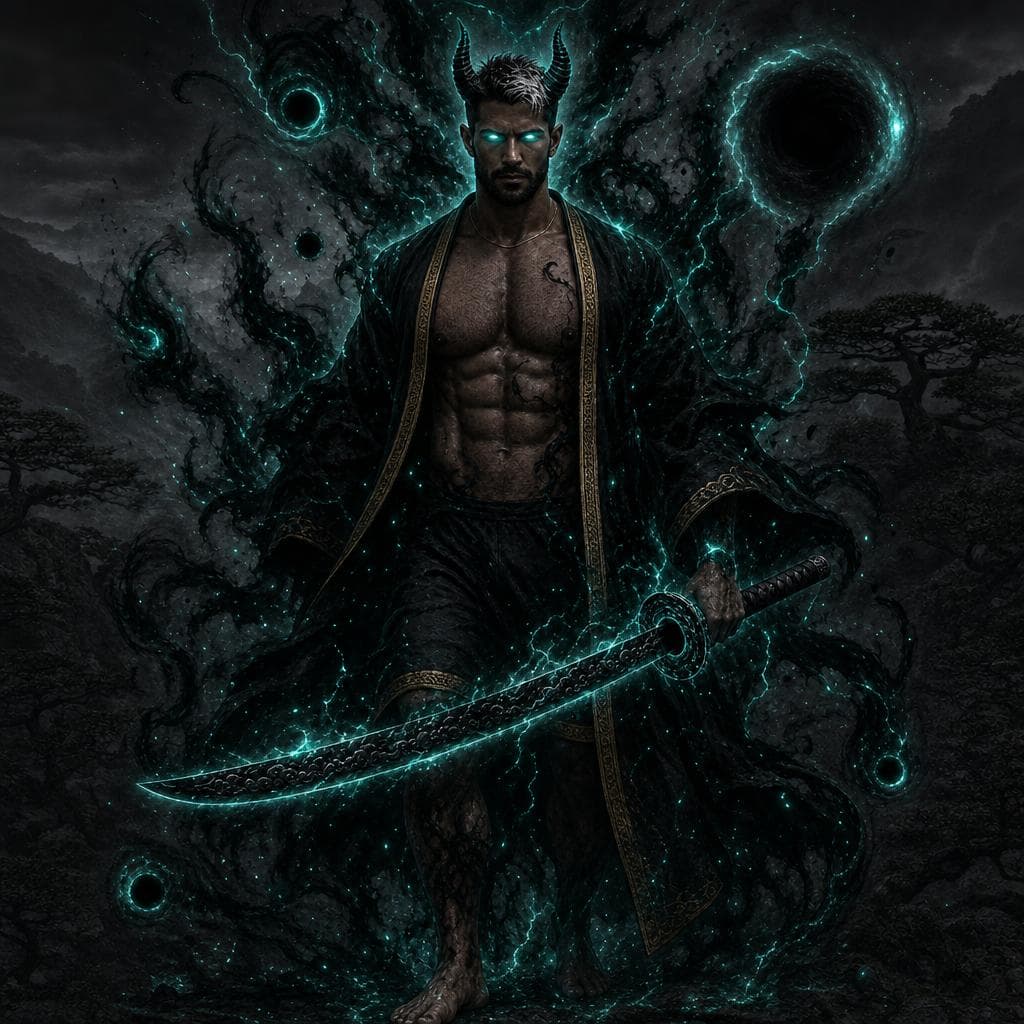 AI generated: make this man emanate a teal god like aura that controls black holes, shadows and black lightning wi...