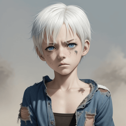 AI generated: No NSFW, Image in 2D anime style, a 10-13 year old child with short white hair, blue eyes and a sad ...
