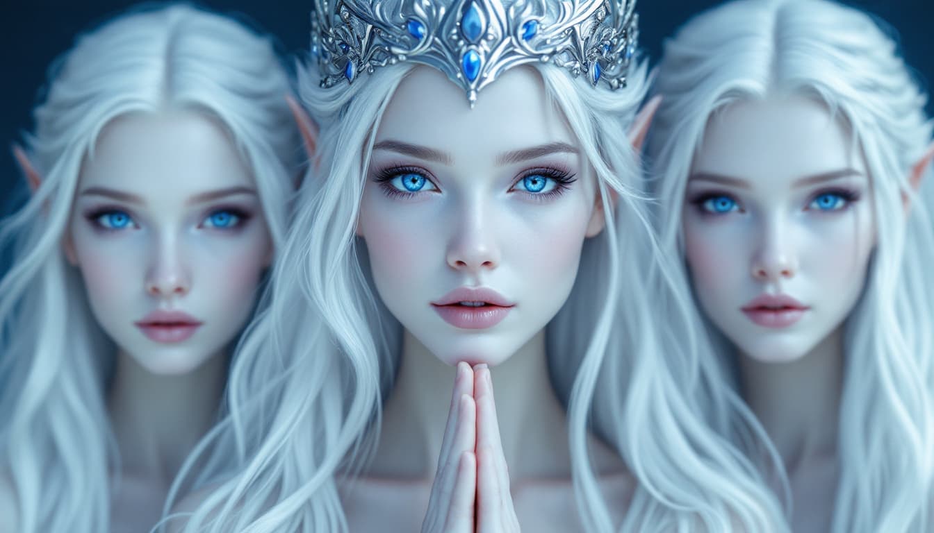 AI generated: A digital fantasy art piece of three ethereal white-haired elves with striking blue eyes. The centra...