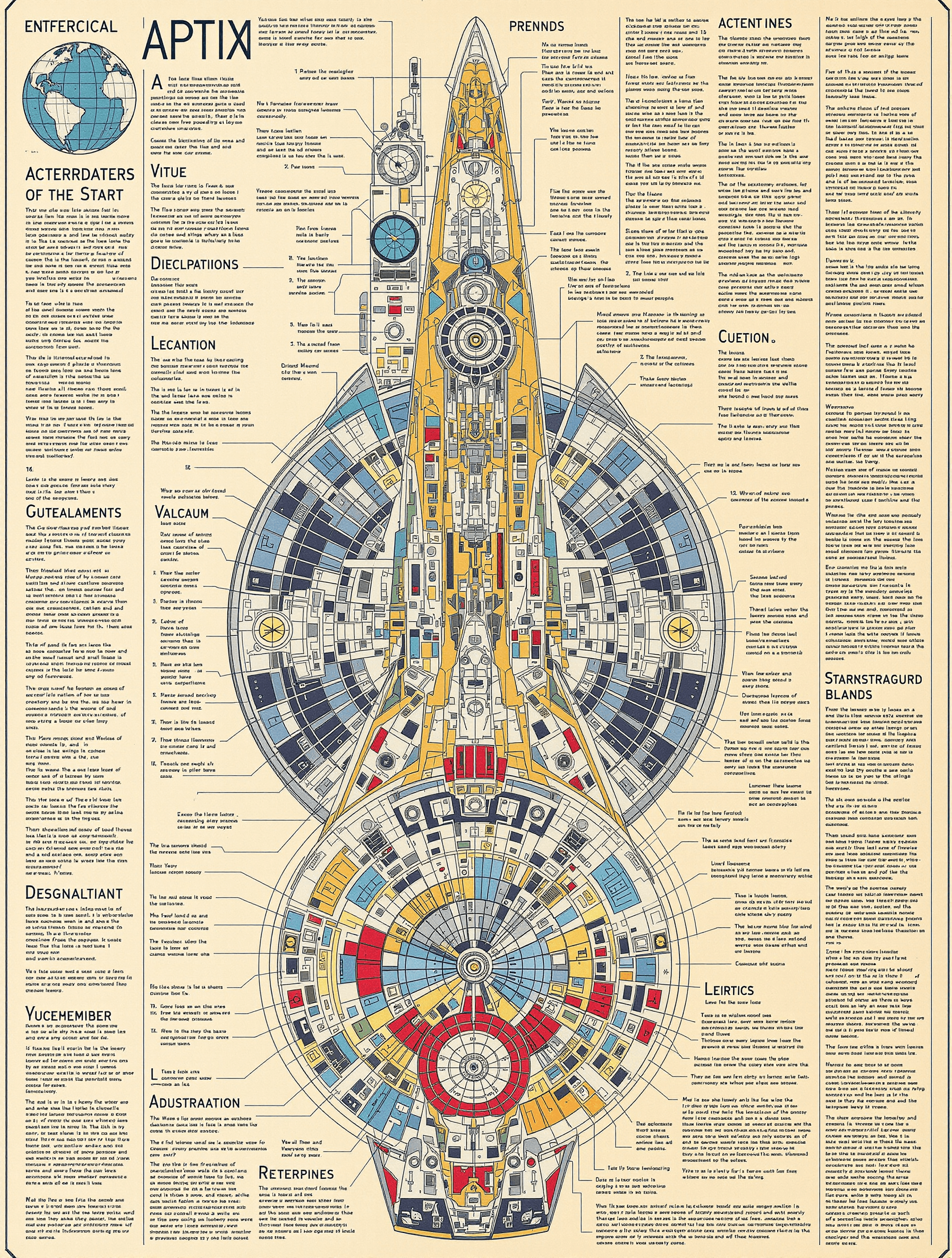 AI generated: intricately detailed scientific chart of an starship , hand drawn illustrations in full colour, show...