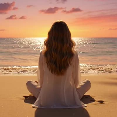 AI generated video: Create a cinematic animated scene of a young woman sitting alone on a sandy beach facing the ocean d...