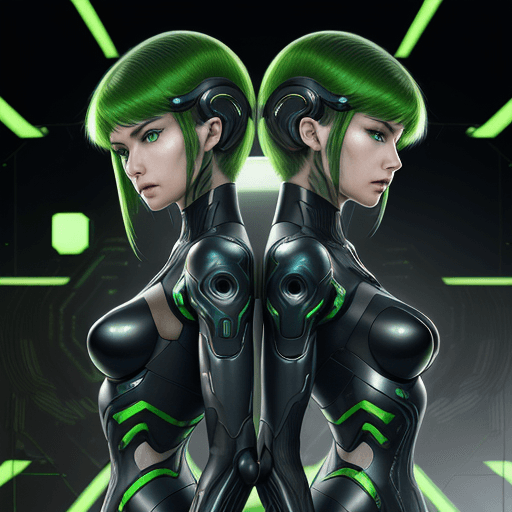 AI generated: Cybernetics, action movie protagonist, cross-cutting scenes of two women, emerald green eyes, strawb...