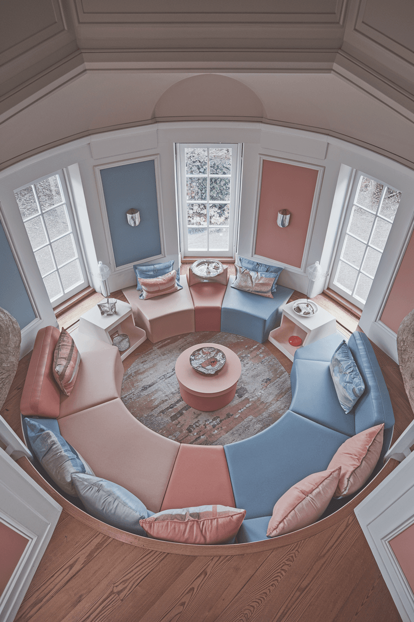 AI generated: High resolution photography interior design, dreamy sunken living room conversation pit, wooden floo...