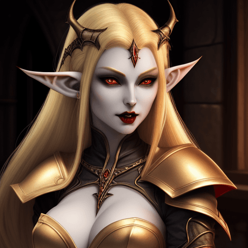 AI generated: Altmer elf woman, golden hair, pale skin, vampire fangs, beautiful, pointy ears, red eyes, NO horns