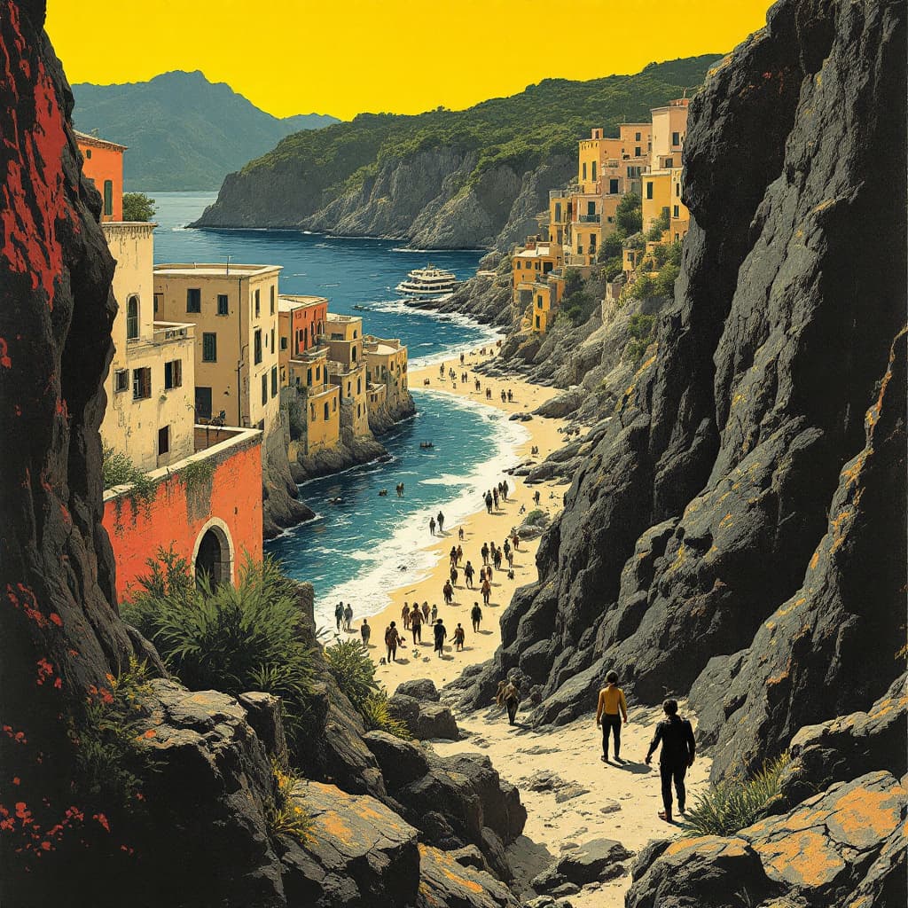 AI generated: calabria in 1970 illustration in style of Die Brücke , sunny day  beach ,  emphasizing raw emotion a...
