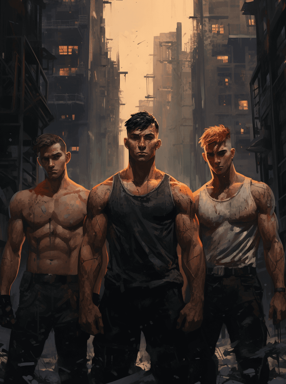 AI generated: Four men standing in front of a city looking like they are working out, in the style of devilcore, i...
