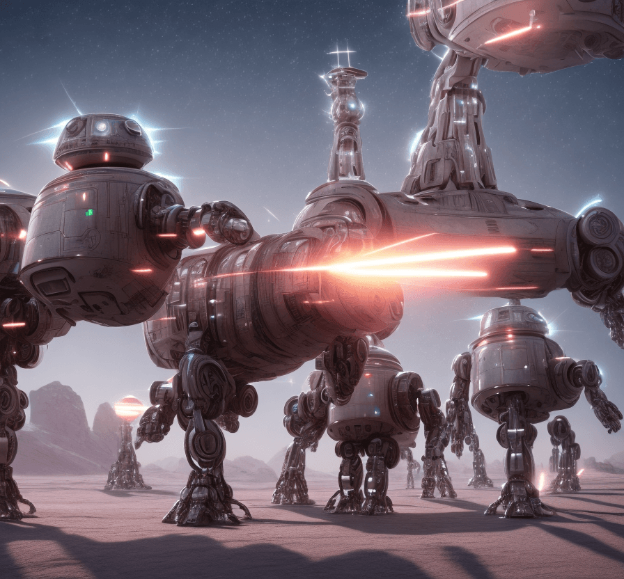 AI generated: 2  iron robots are walking on a desert snowy planet . Electric sparks. s. 8k, intricate detail, Nebu...