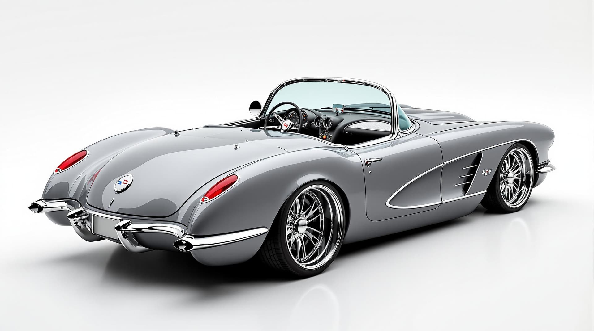 AI generated: Hyper realistic 1958 chevy corvette convertible, top rear side view, gray color, restomod with 20" d...
