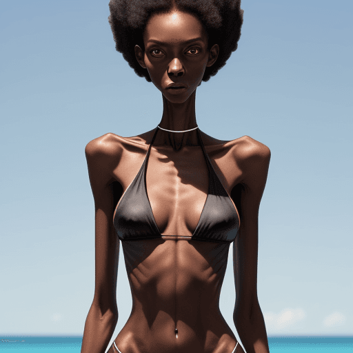 AI generated: very skinny black woman, bony and lean, with very long and slender  neck in bikini - can see the who...